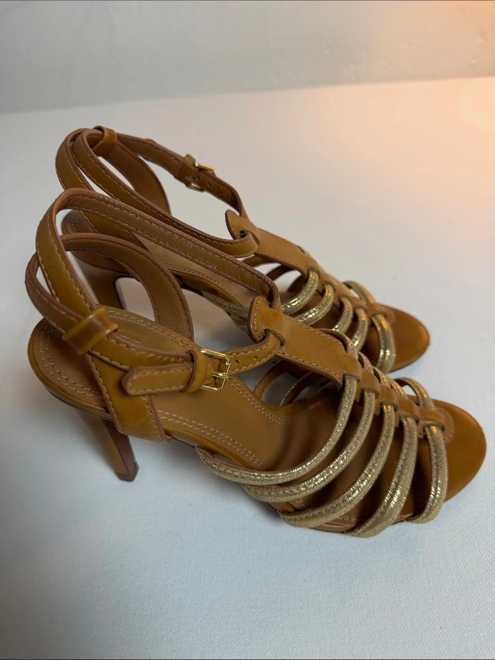 Tory Burch Tan Leather Sandal with Gold Straps